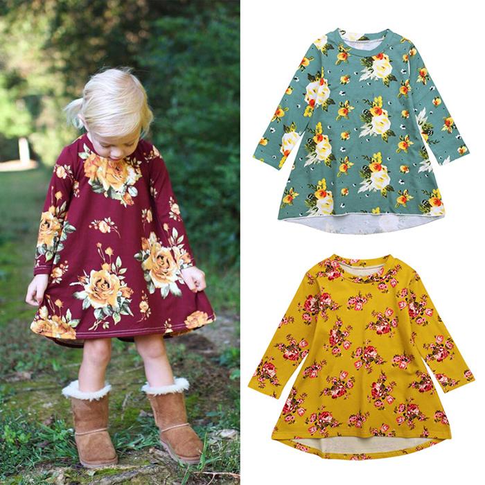 Girls Floral Dress Printed Big Flower Long Sleeve O-neck Spring Autumn Girls Skirt Summer Breathable 2-6T - Click Image to Close